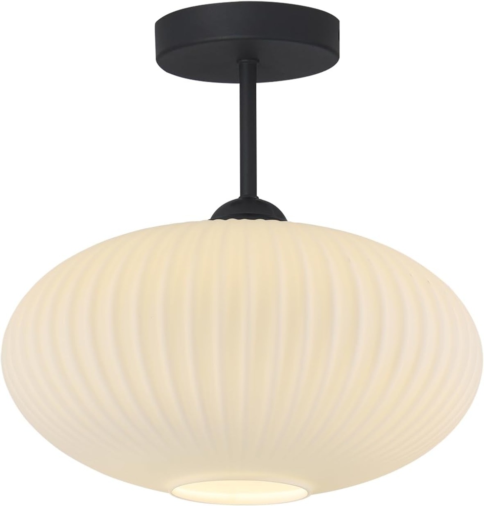 Large Milk Glass Ceiling Light Mid Century Modern Semi Flush Mount Ceiling Light Fixture Farmhouse Black Ceiling Lights for Closet Hallway Bathroom