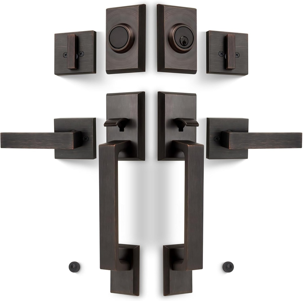 Double Front Door Lock Set, Keyed Entry Front Door Handleset with Dummy, Square Heavy Duty Door Lever and Single Cylinder Deadbolt Combo, Oil Rubbed Bronze