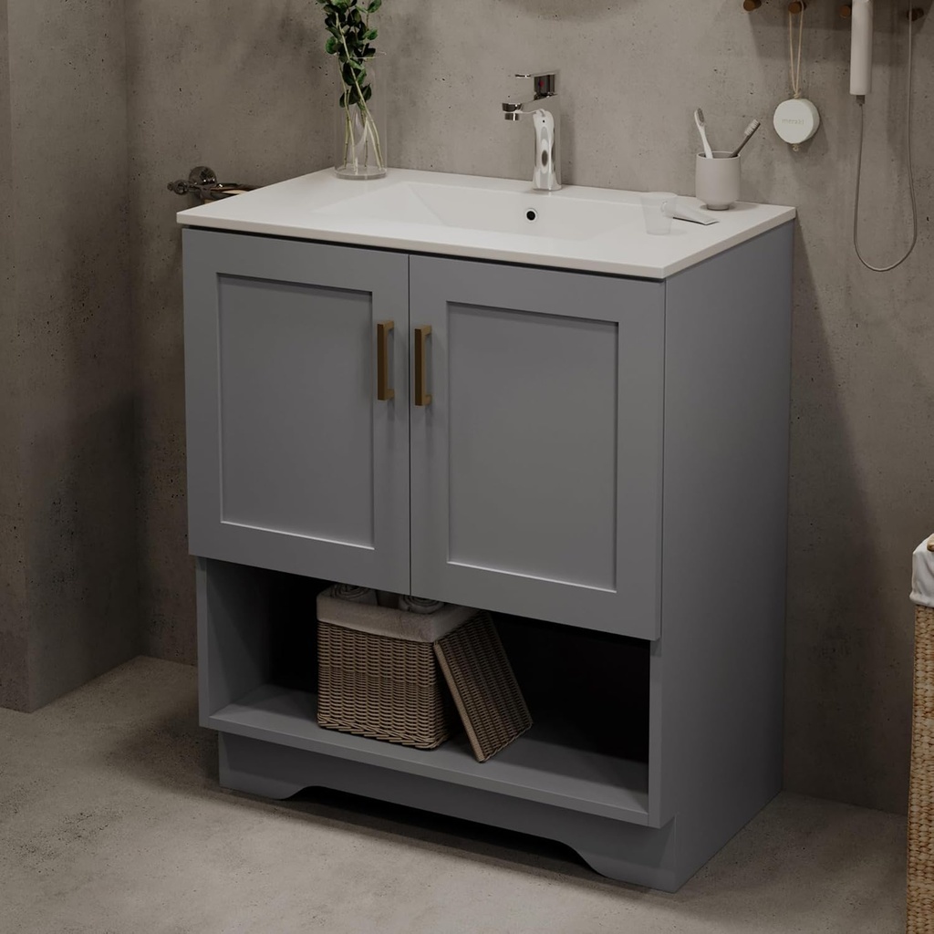 30 Inch Modern Bathroom Vanity with Ceramic Sink - Freestanding Cabinet 2 Soft-Close Doors & 1 Open Shelf, White Space-Saving Design for Powder Rooms (Grey)