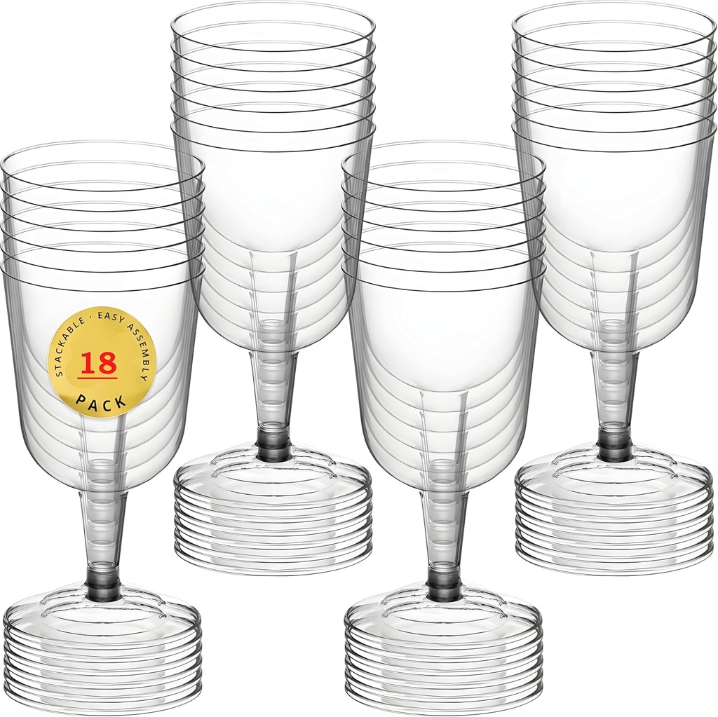 Bexter 18 Pack Disposable Plastic Wine Glasses – 6.3 oz Stemmed Clear Plastic Cups for Wine, Champagne, or Cocktails – Elegant Drinkware for Outdoor Events, Parties, Weddings, Catering