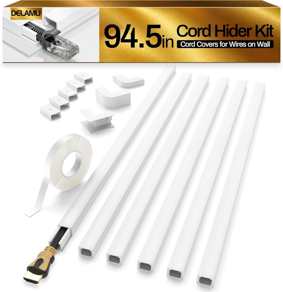 Delamu Cord Hider, 94.5in Cord Covers for Wires on Wall, One-Cord Cable Hider, Wire Hiders Wire Covers for TV Cords on Wall, Easy Mount Cable Cover Management Kit, 6xL15.7 W0.59 H0.4in, White