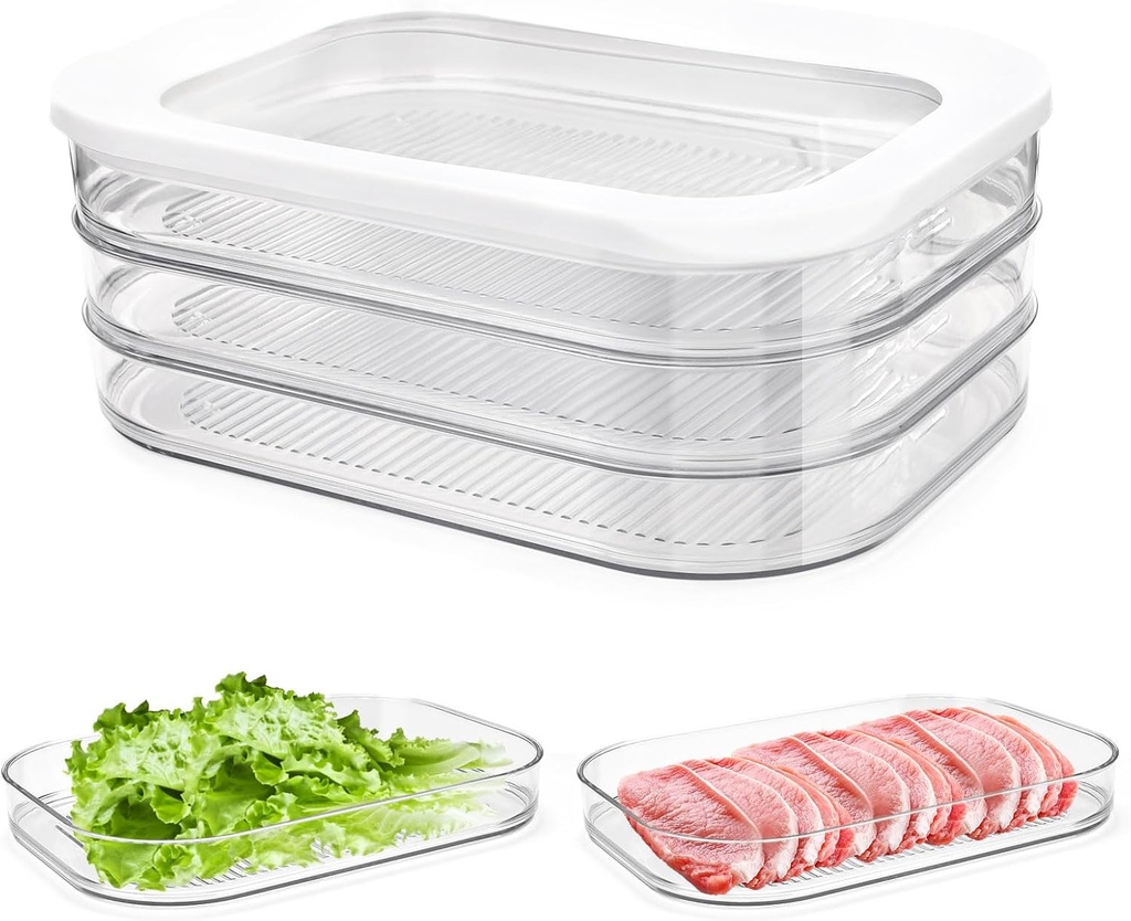 Transparent Plastic Deli Meat Container, Airtight 3 Layer Cold Cut Storage Box with Lid, Stackable Bacon Keeper for Refrigerator Organizer Cheese Ham Salami Lunch Prep Food