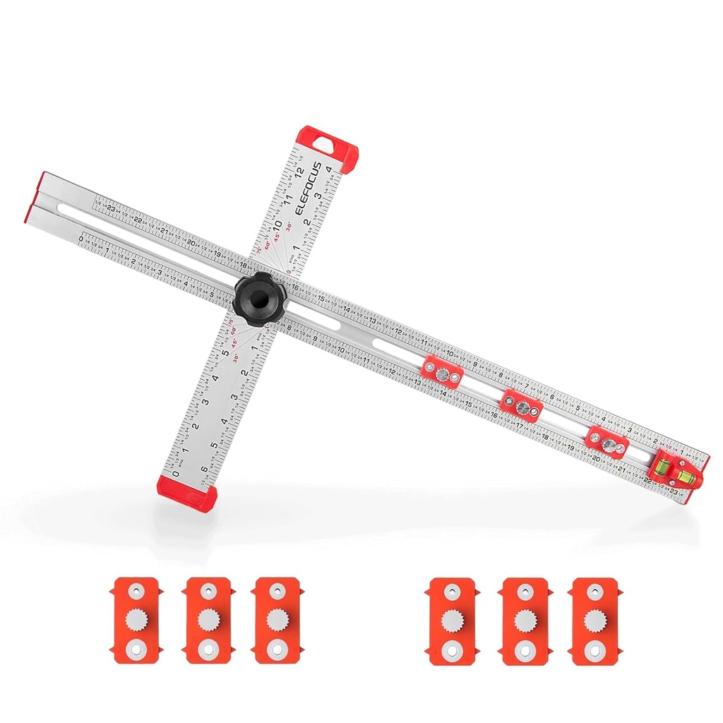 4 in 1 Drilling Ruler, 24 in Adjustable T Square, Multi-Function T-Square, Cabinet Hardware Clamp, Woodworking Marking Gauge Tool, Cabinet Drawer Door Hole Drilling Template (24 Inch 1+6)