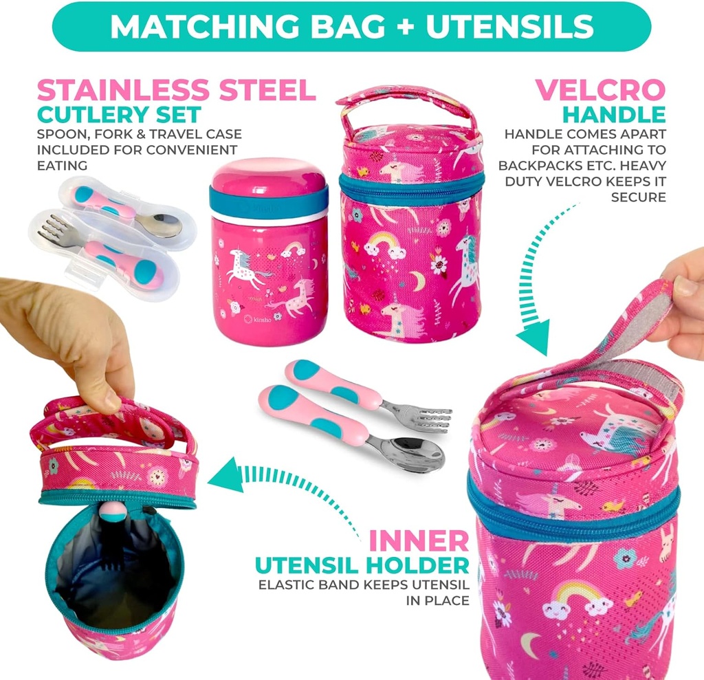 Unicorn Thermo for Hot Food, Insulated Lunch Bag, Stainless Steel Utensil Set. Container for Girls, Kids Hot Lunches, Soup. Wide Mouth Jar, Leakproof Easy Grip, Thermal Vacuum Seal 10 oz 300 ML, Pink