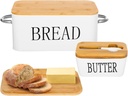 Bread Box and Butter Dish, Metal Bread Storage Container with Cutting Board Wood Lid, Ceramic Butter Dish with Sealing Wood Lid & Cutter