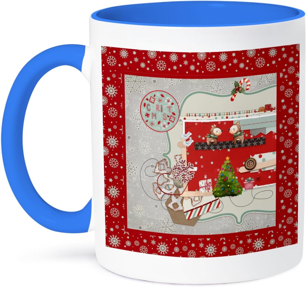 3dRose Image of Two Deer, Ice Skates, Candy Cane, Snoflakes, Christmas 11oz Two-Tone Blue Mug