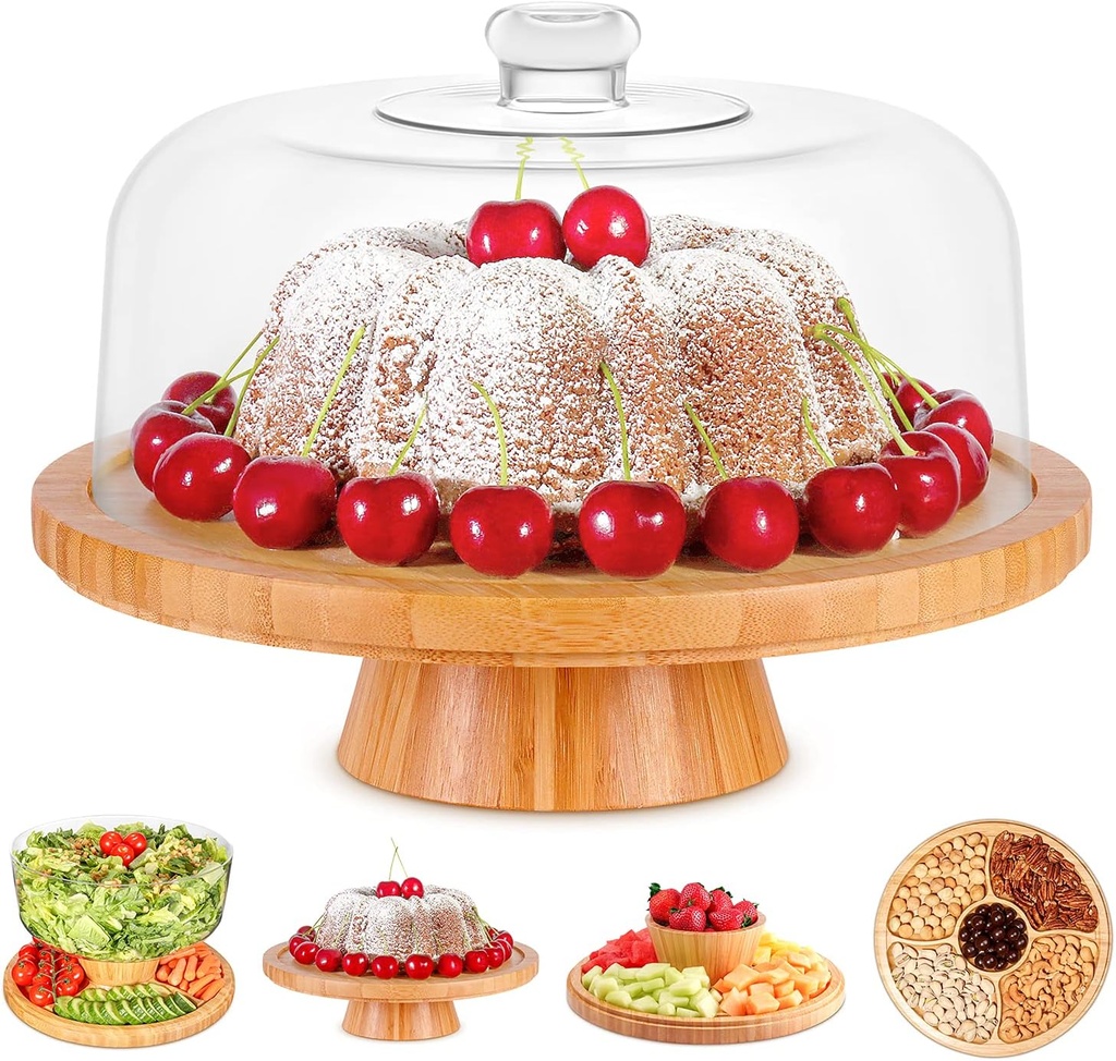 Homeries Bamboo Cake Stand with Lid, Cake Plate, (6 in 1) Multi-Functional Serving Platter, Large Cake Stand with Dome, Cake Display Stand with lid & Cake Dome - Use as Cake Holder, Cake Cover