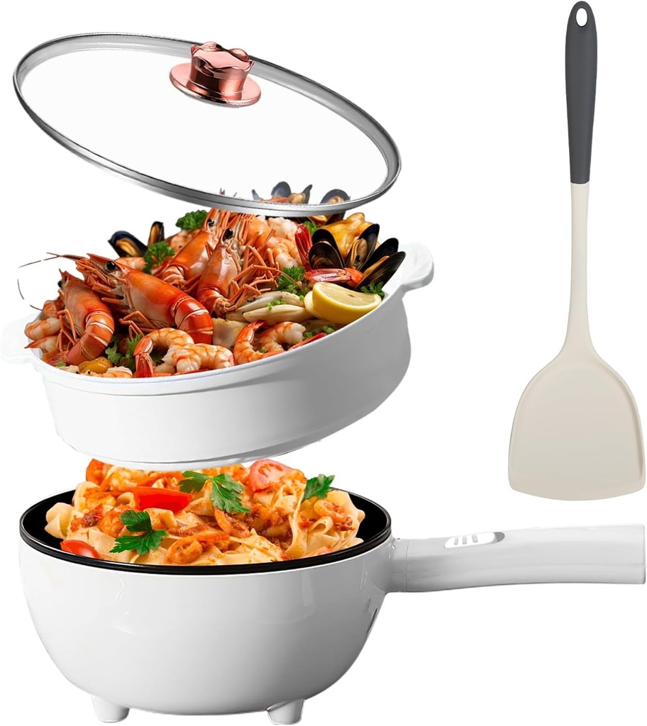 iMounTEK Electric Hot Pot Non-Stick Frying Pan Portable Rapid Noodles Cooker with Long Handle Steamer Spatula Dual Power Control Overheat Dry-Boil Protection for College Dorm Room Essential for Party
