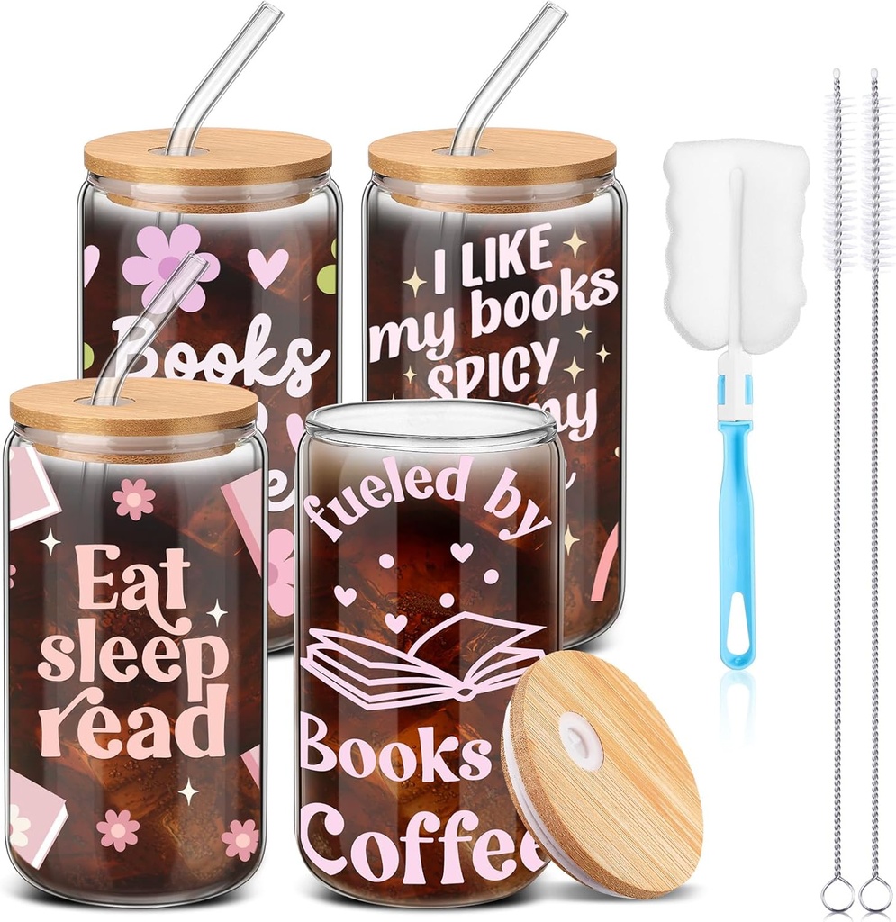4 Pcs Book Lover Glass Cups with Lid and Straw Christmas Gifts for Bookish 16 oz Drinking Glasses Iced Coffee Cups Can Shape Mug Tumbler for Christmas Women Men Birthday Party Favor Gift