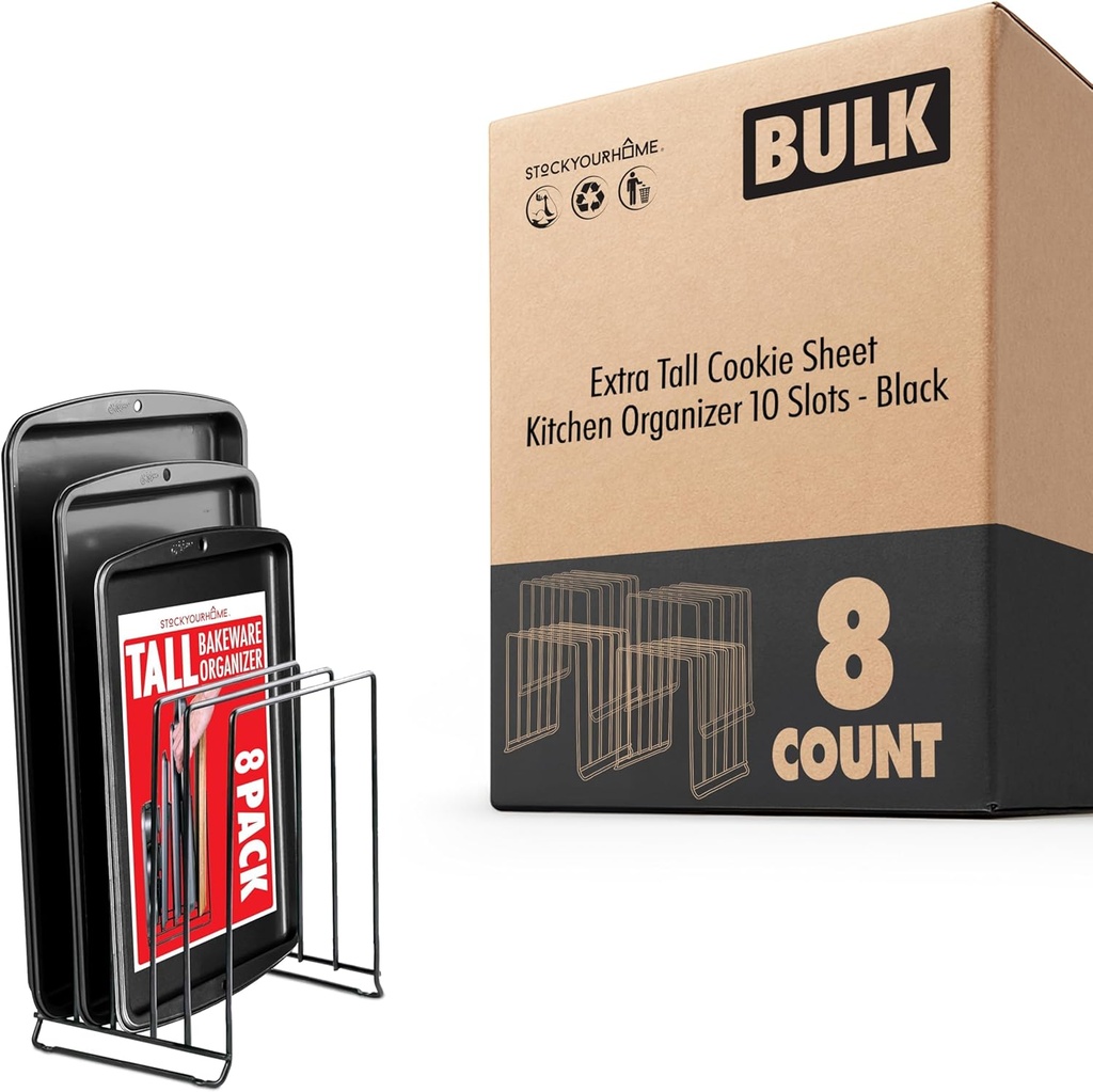 Stock Your Home Black (8 Pack) Extra Tall Steel Baking Pan Organizer Rack for Cabinet Storage or Kitchen Counter, Cookie Baking Sheet Organizer with Dividers, Muffin Tin and Cutting Board Holder