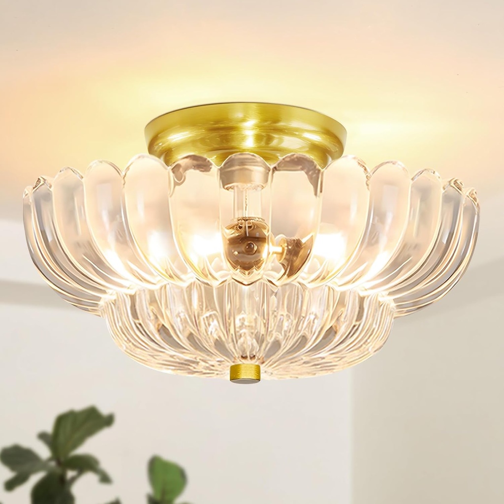 Ceiling Light Fixtures Semi Flush Mount Ceiling Light Clear Glass Gold Light Fixtures for Hallway Laundry Room Kitchen Bedroom Vintage Lights (3-Light, Bulb Not Included)