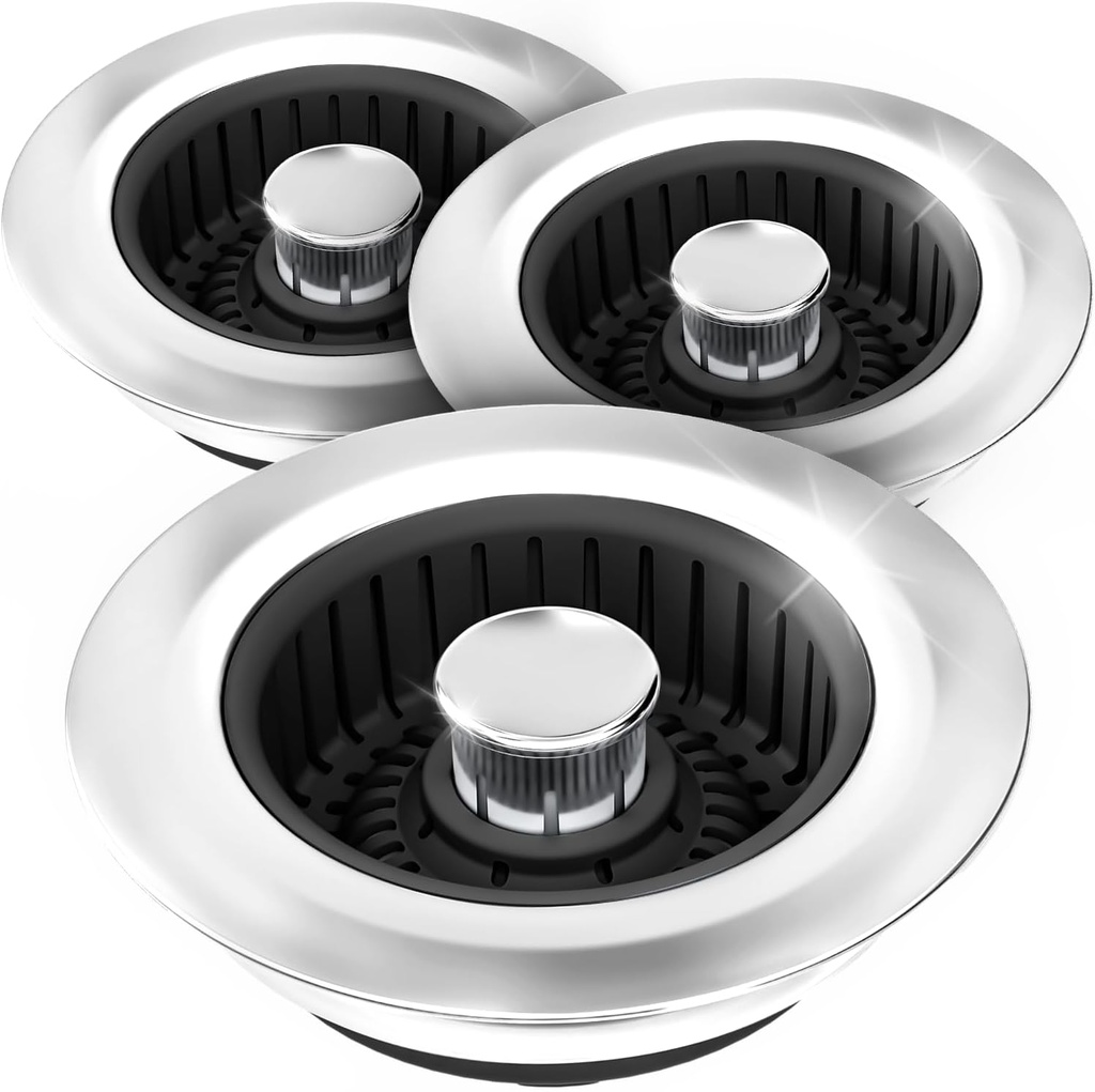 Kitchen Sink Drain Strainer - 3Pack Sink Stopper, Drain Protector, Kitchen Drain Plug & Sink Installation Parts with Anti-Clogging Basket, Fit US Standard 3-1/2'' Sink Drain Hole, Black