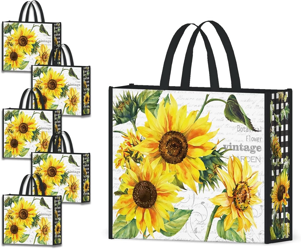 NymphFable 5 Pack Reusable Shopping Bags Sun Flowers Washable Grocery Bags Fabric Tote Bag
