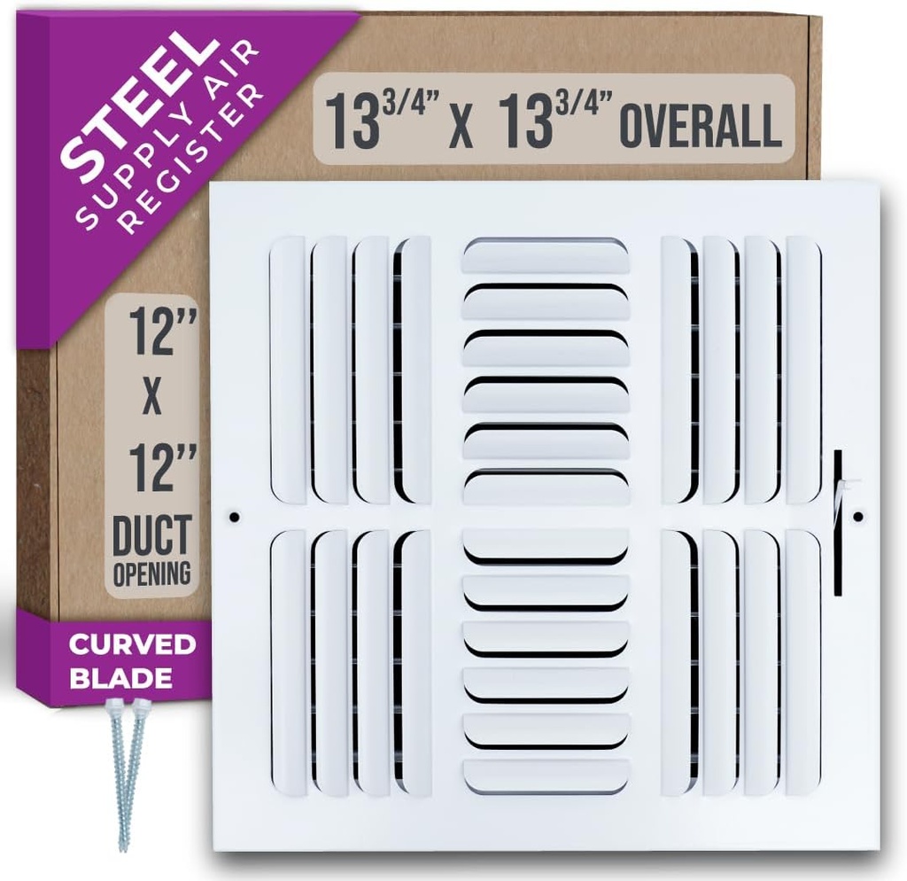 Fits 12x12 Duct Opening 4 Way Fixed Curved Blade Air Supply Diffuser by Handua | Register Vent Cover Grill for Sidewall and Ceiling | White | Outer Dimensions: 13.75" X 13.75"