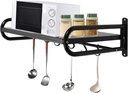 Metal Microwave Oven Shelf Wall Mounted Kitchen Rack Electric Oven Holders Wall Mount Microwave Oven Shelf Stainless Steel Wall Shelf Metal Shelving Storage Organizer Shelf with 6 Hooks (Black)