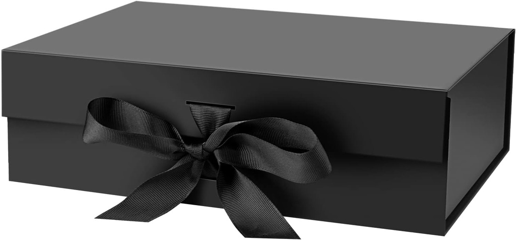 Gift Box with Lid for Presents 10.5x7.5x3.1 Inches with Ribbon and Magnetic Closure(1-Pack) (Black)