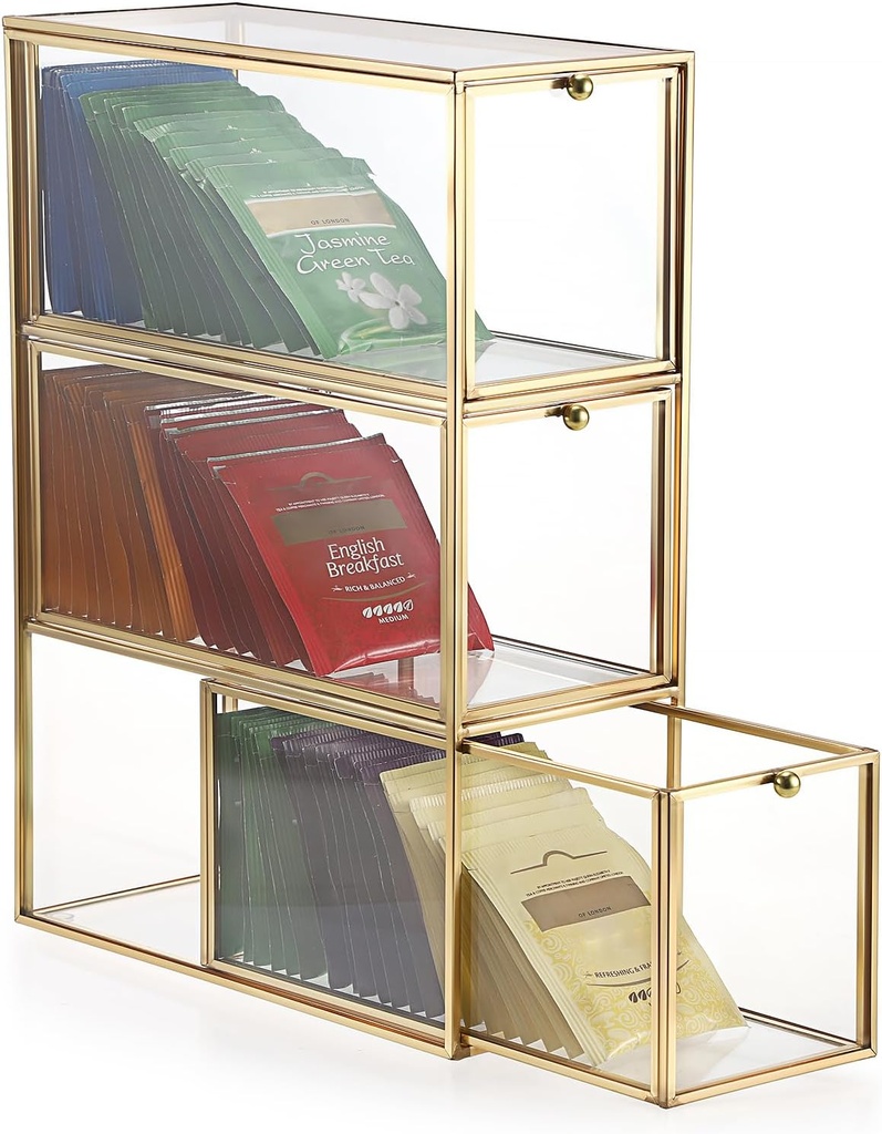 ELLDOO Tea Bag Organizer with 3 Drawers, Gold Glass Tea Bag Storage Holder for Kitchen Pantry, Coffee Pod Snack Storage for Countertop Cabinet, Multi-Functional Home Organizer