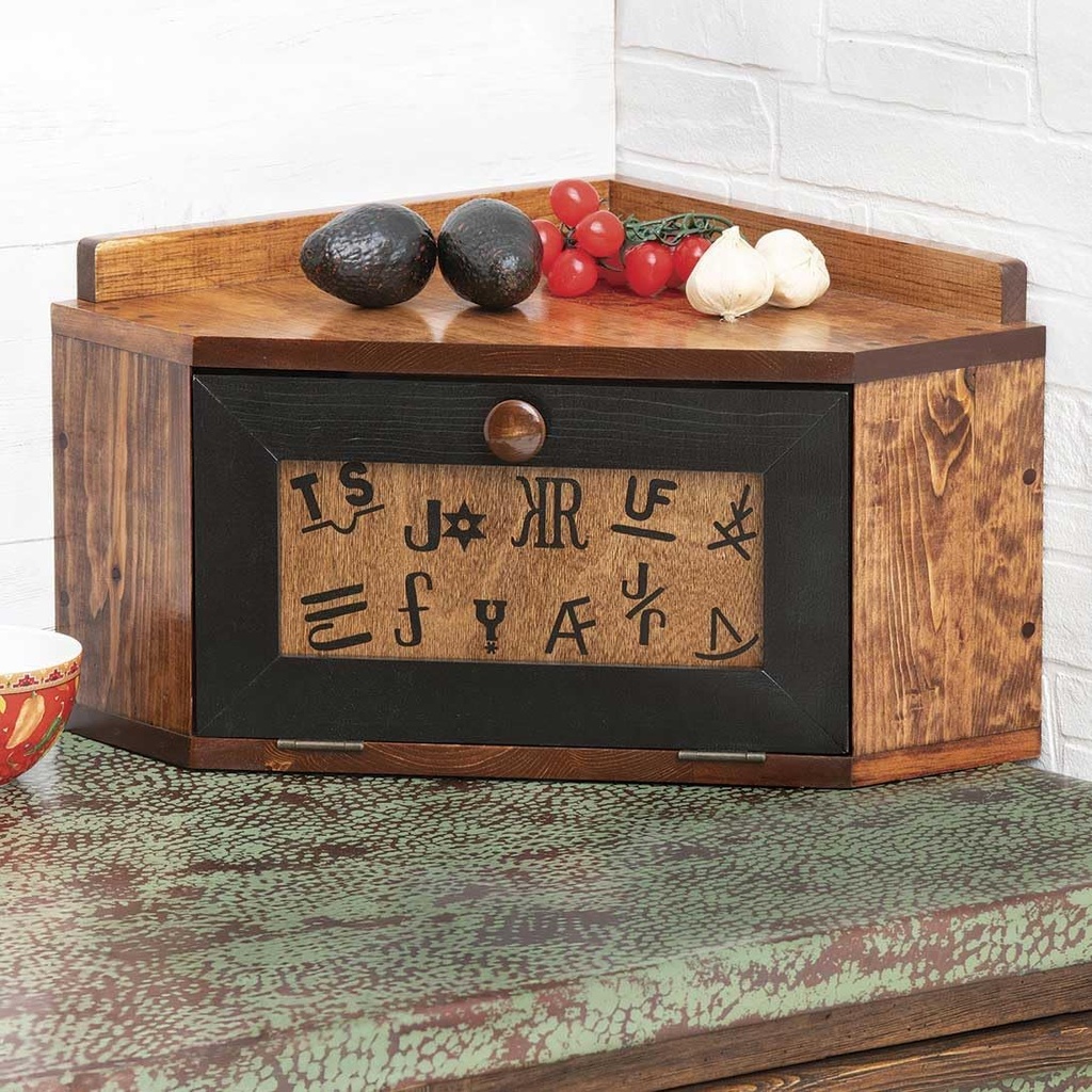 BLACK FOREST DECOR Cowboy Brands Corner Breadbox – 24”W Pine Corner Kitchen Organizer with Western Style – Made in USA