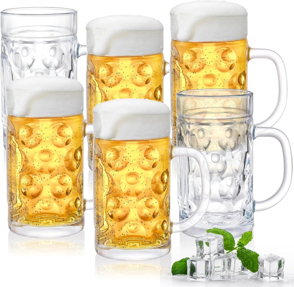 Yesland 6 Pack Beer Mug with Handle, 20 oz Glass Beer Stein Mugs for Freezer Large Heavy-Duty Beer Cups Drinking Glassware Pub for Bar, Alcohol, Beverages, Men, Clear