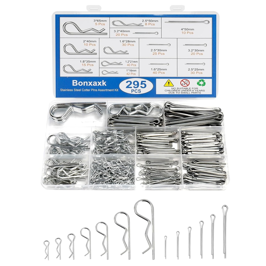295 Piece Cotter Pin Kit, Stainless Steel 13 Sizes Spring Fasteners, R-Clip Hardware Pins, Straight Pins, Hitch Pins for Trailer Lockouts, Trailer Clips, Mowers, Trucks, Mechanic's Choice.
