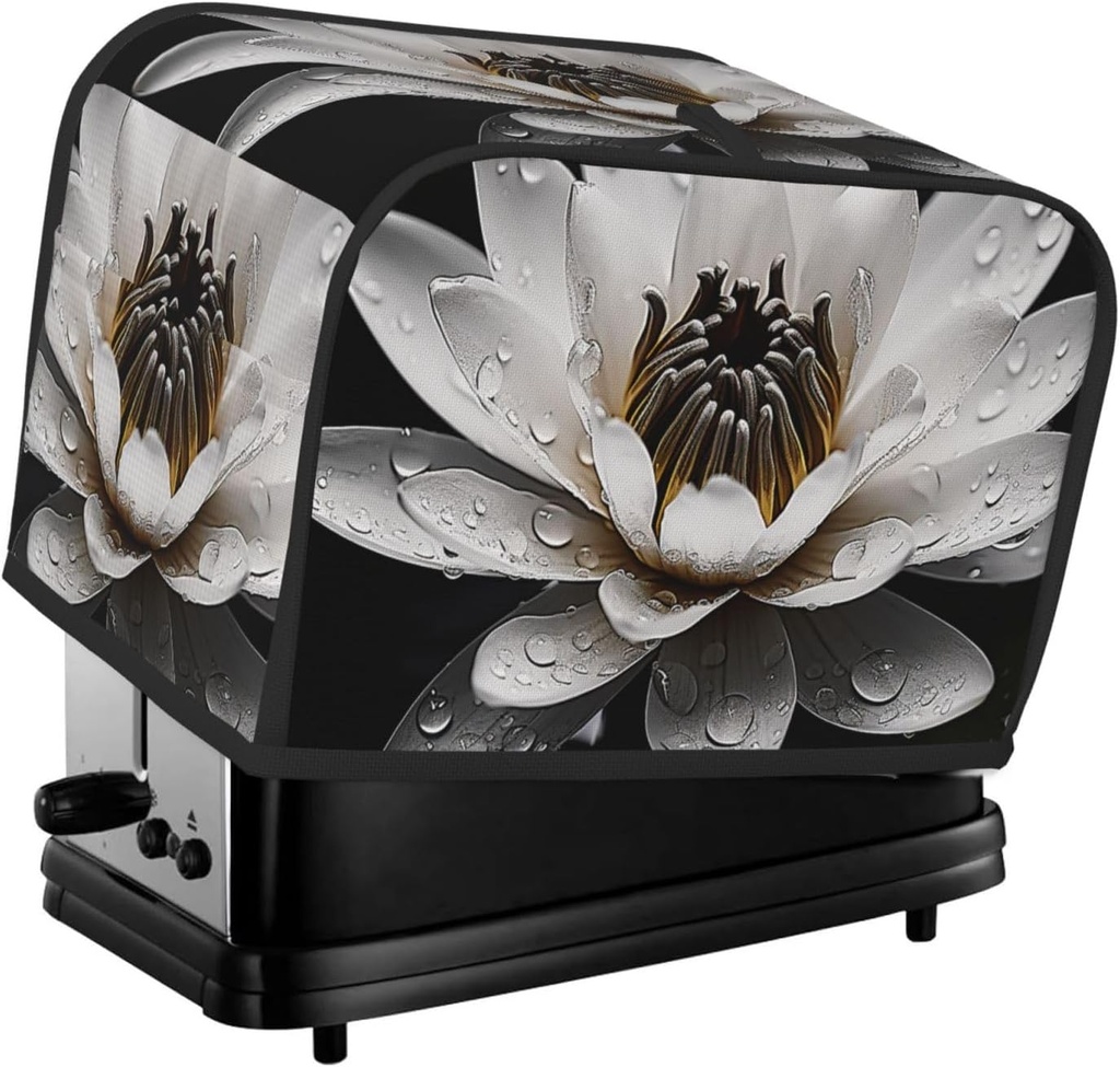 Black And White Water Lily 2 Slice Toaster Covers Bread Machine Cover Quilted Dustproof Fingerprint Protectors Small Washable Appliance Cover Bread Maker Dust Protection Universal Size