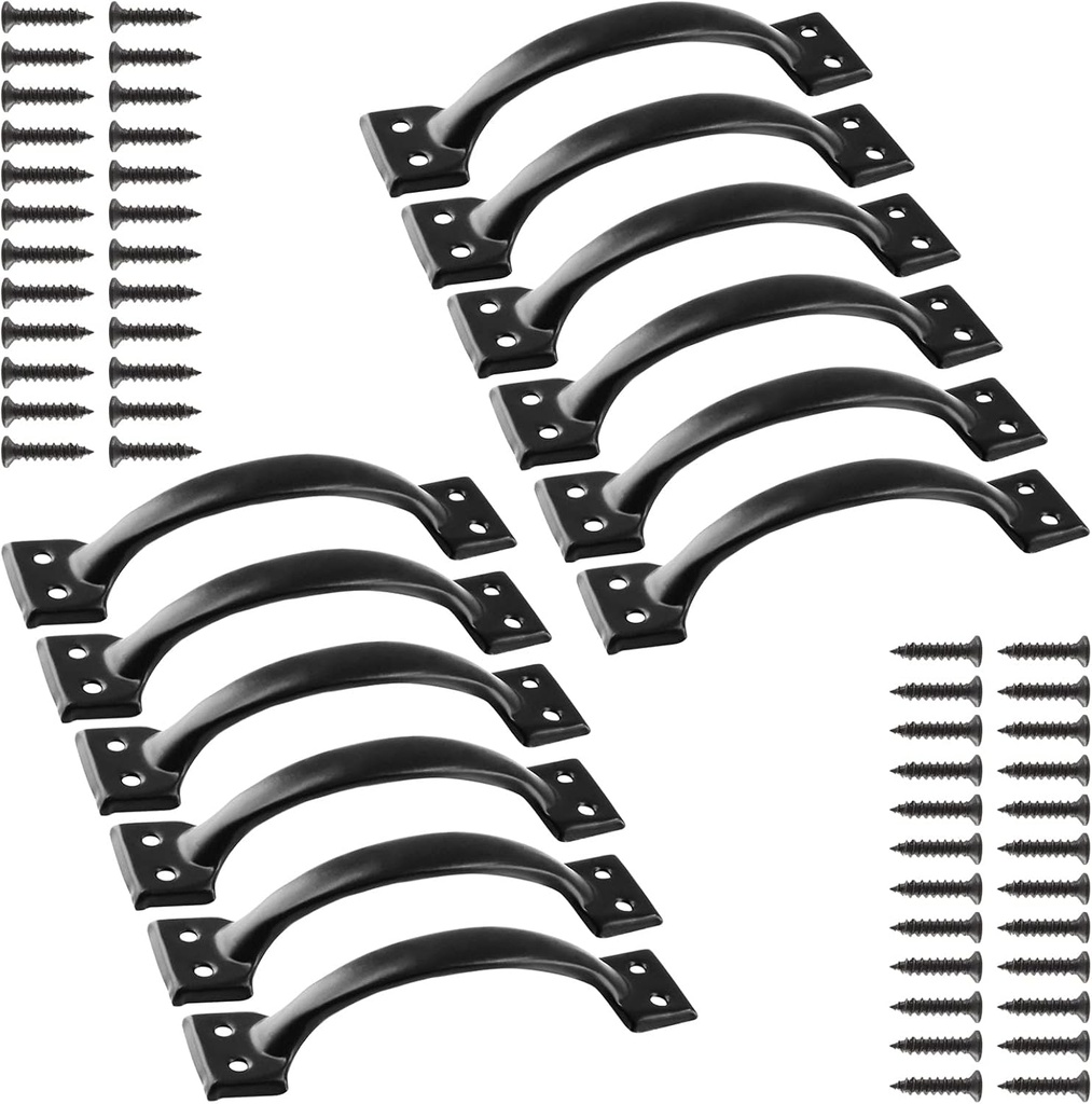 12 Pcs 4" Rustic Gate Handle, Iron Hardware Handle Pull with Screw, Vintage Farmhouse Cabinet Handles, Retro Drawer Pulls for Outdoor, Garage & Drawer, Black