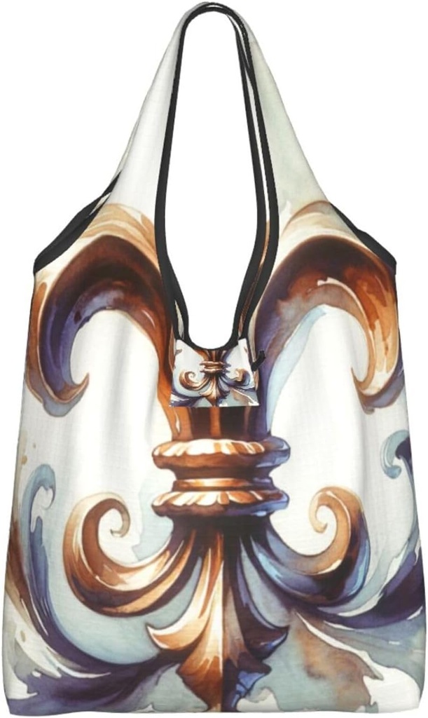 Foldable Retro-Fleur-De-Lis-Watercolor Reusable Grocery Shopping Bag, Waterproof Shopping Tote