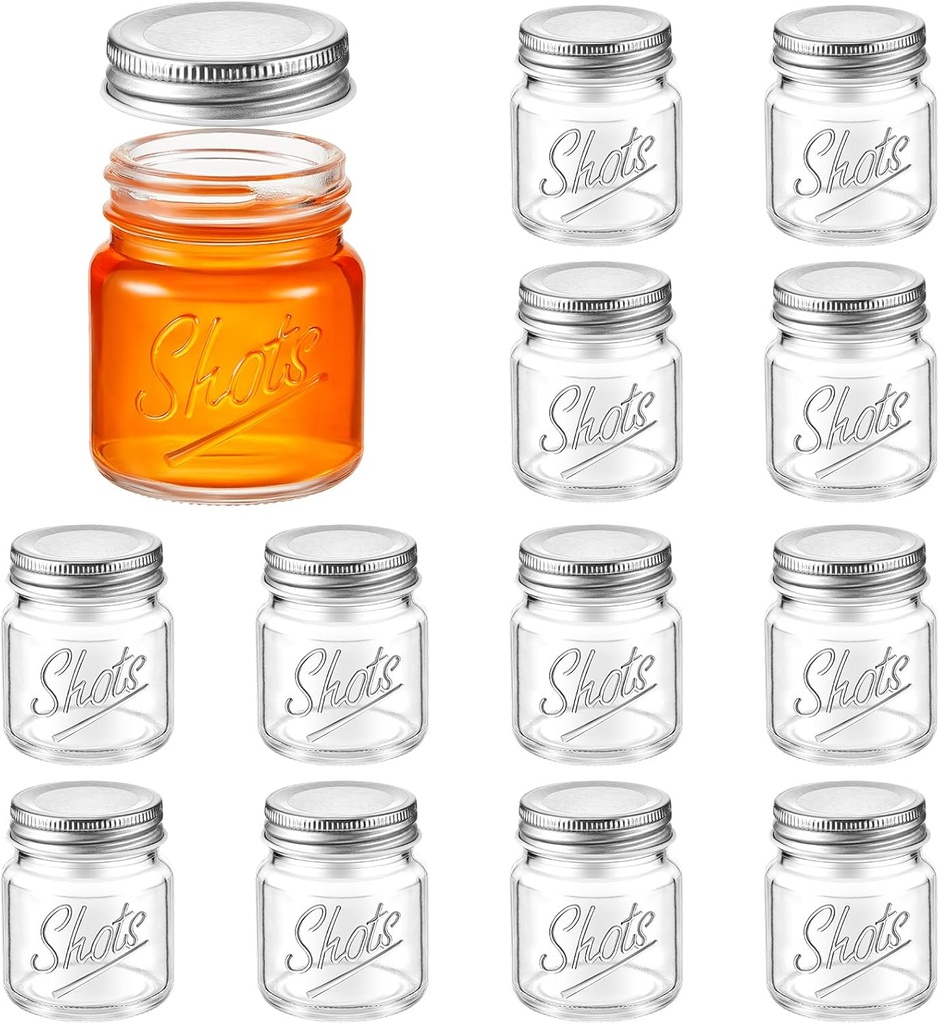 12 Pcs Tessco Mini Mason Jar Shot Glasses with Lids 2 oz Dishwasher Safe Mason Canning Jars for Bachelorette Wedding Party Favors Bar Drinks Home Desserts Honey Jam Candy Storage (Clear)