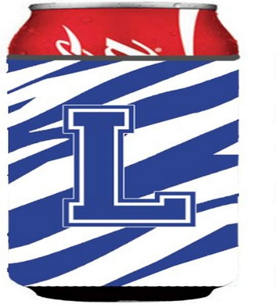 Caroline's Treasures CJ1034-LCC Letter L Initial Tiger Stripe Blue and White Can or Bottle Hugger Cooler Washable Drink Sleeve Collapsible Beverage Insulated Holder, Can Hugger, Multicolor