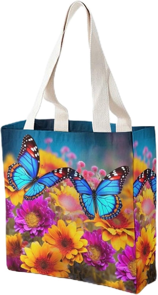 Canvas Tote Bag for Women Reusable Grocery Bag Colorful Butterfly Flower Shopping Bags Casual Shoulder Bag Handbag