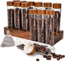 Goaste 12 Pack Coffee Bean Storage Tubes with Wooden Stand, Single Dose Coffee Bean Cellar Container, Dosing Glass Vials with Lids and Funnel for Coffee Beans Storage, Tea (2 OZ)