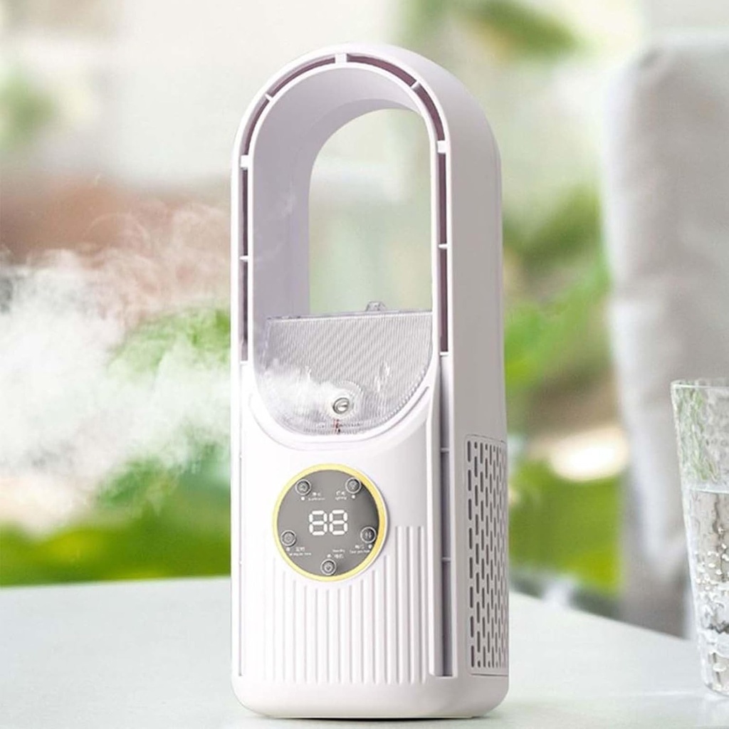 2025 New Desk Bladeless Fan with Humidifier, 6-Speed Personal Air Evaporative Cooler Cooling Fan, USB Powered Desk Fan, Blade-Free Silent Portable Air Conditioner for Home and Office (White)