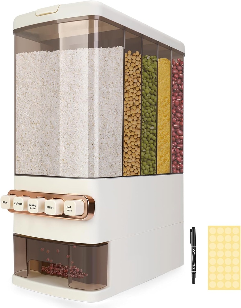 Dry Food Dispenser, 27Lbs Grain Storage Container with Measuring Cup, 5 Grids Rice and Grain Dispenser, Rice Storage Container for Home Kitchen Organizing (Cream White)