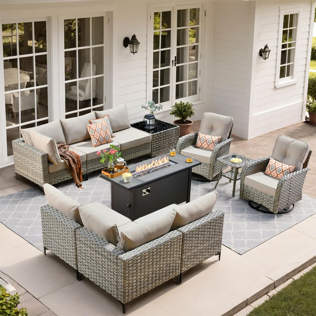 Outdoor Patio Furniture Sets,11 PCS Patio Conversation Set Outside Rattan Sectional Sofa with 54 in Fire Pit Table Wicker Rocking Chair Coffee Table Fit Backyard Porch Garden Poolside Balcony