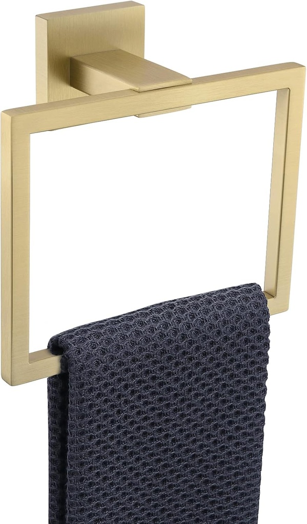 TQKAG Brushed Gold Towel Ring Bathroom Hand Towel Holder Stainless Steel Square Towel Bar Hangers Wall Mounted