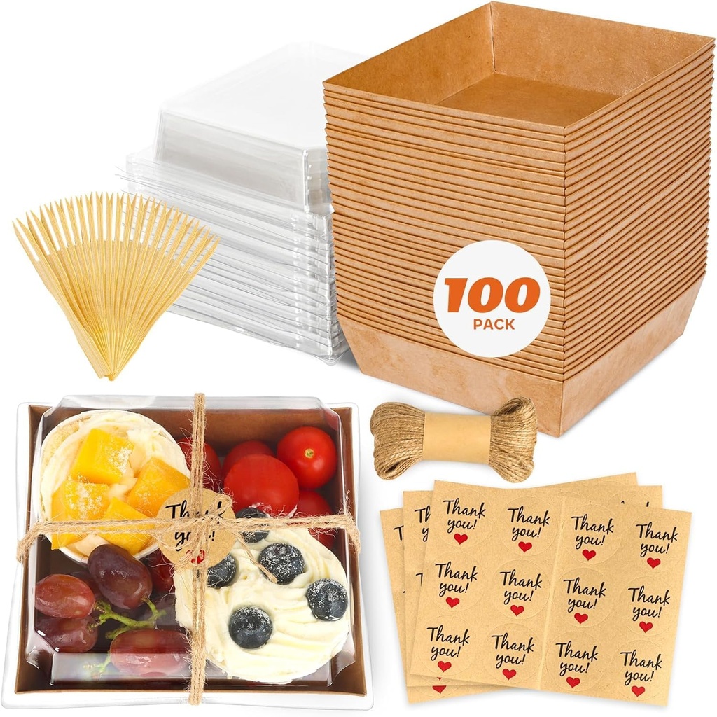 100Pcs Small Charcuterie Boxes with Clear Lids - Paper Mini Charcuterie Boxes To Go, Disposable Food Container with Lid, Dessert Boxes for Sandwich, Cookie, Sushi, Cake Slice, and Strawberries