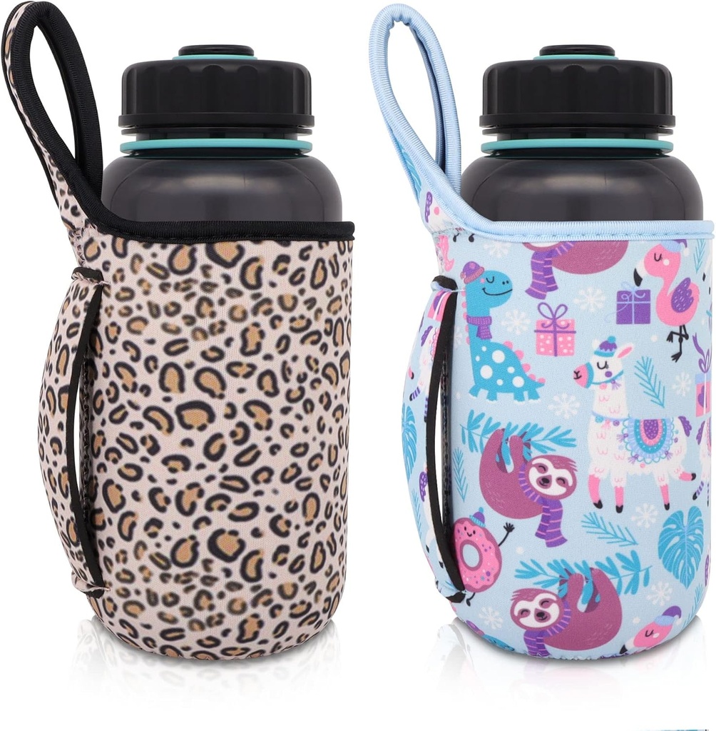 2Pack Reusable Neoprene Insulator Water bottle Carrier holder Sleeves with Handle for 32 Oz Wide Mouth Sport Water Bottle (Party Flamingo + Leopard print)