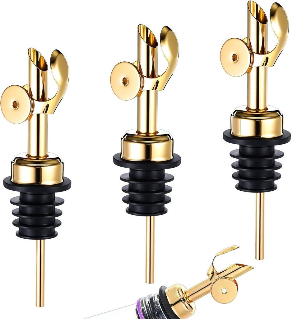 3PCS Olive Oil Dispenser Spout, Stainless Steel Liquor Pour Spout with Flip Lid, Bottle Pourers for Wine Bottles, Oil Bottles, Vinegar, Syrup and Other Liquid Bottles, Gold
