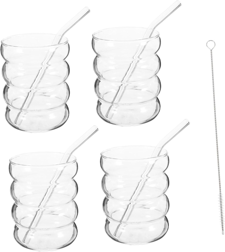 PRETYZOOM 1set Cute Aesthetic Glass Cup Set Straws Ribbed Drinking Glasses for Juice Water and Matcha and Stylish Design for Iced Coffee and Home Bar Decor