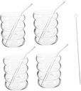 PRETYZOOM 1set Cute Aesthetic Glass Cup Set Straws Ribbed Drinking Glasses for Juice Water and Matcha and Stylish Design for Iced Coffee and Home Bar Decor