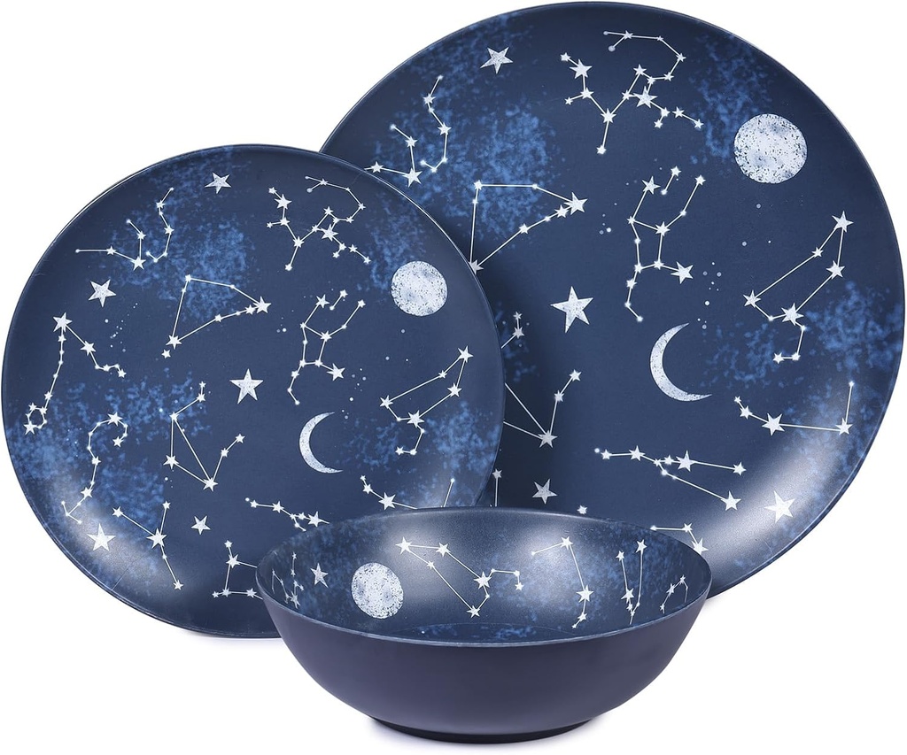 12 Piece Melamine Dinnerware Sets for 4 - Starry Pattern Camping Dishes Set for Indoor and Outdoor Use, Dishwasher Safe Plates and Bowls Sets, Dark Blue