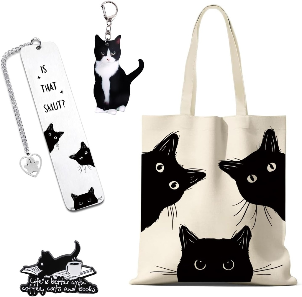 Black Cat Tote Bag Set Gifts for Cat Lovers, Book Lovers Gifts for Women, 4Pcs Bookish Reading Accessories for Readers Librarian, Includes Canvas Tote Bag, Bookmark, Brooch, keychain