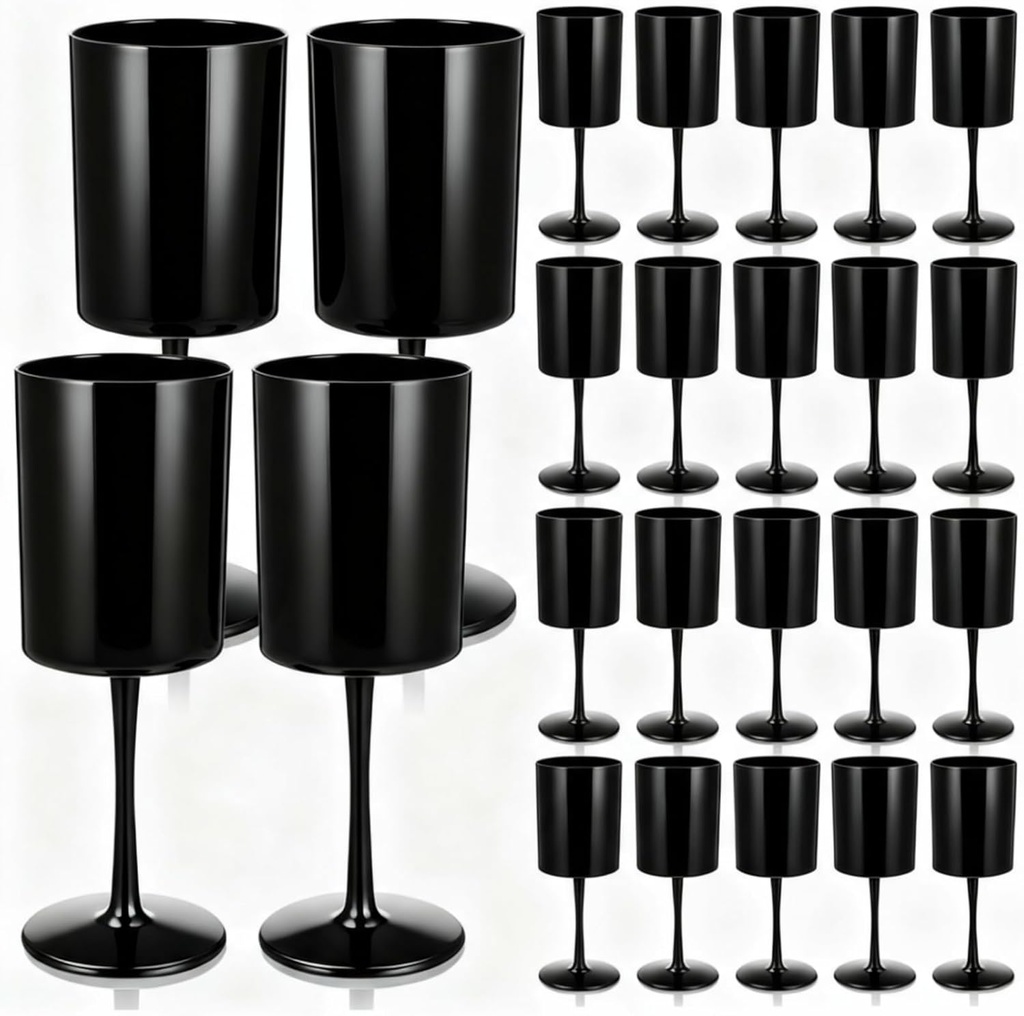 Domensi 20 Pcs Large Black Plastic Champagne Flutes, 12 oz Plastic Wine Goblet Black Wine Glasses, Reusable High Stem Drinking Glasses for Halloween Wedding Parties