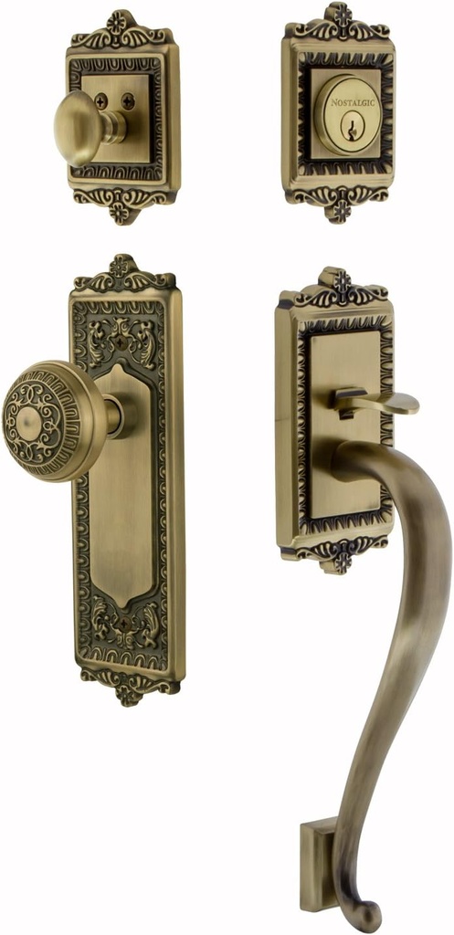 Nostalgic Warehouse 719407 Egg and Dart S Grip Entry Set & Knob, Backset - 2.375", Antique Brass