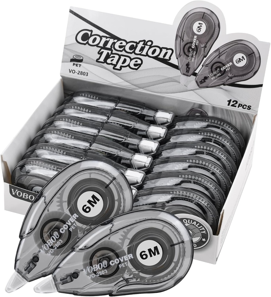 White Correction Tape Dispenser, Easy To Use Applicator for Instant Corrections, For school, Office (Black, 12pack, 6M/256, Tape Width 0.2in)