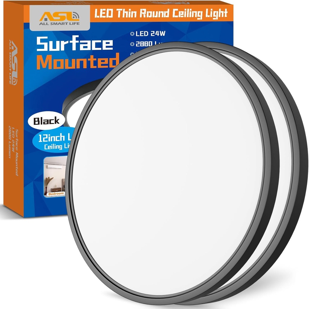 Allsmartlife Flush Mount Ceiling Light 2 Pack, Dimmable CCT 3000K/4000K/6500K Round Led Ceiling Light, 12 inch 24W Laundry Room Light Fixtures for Bedroom, Bathroom