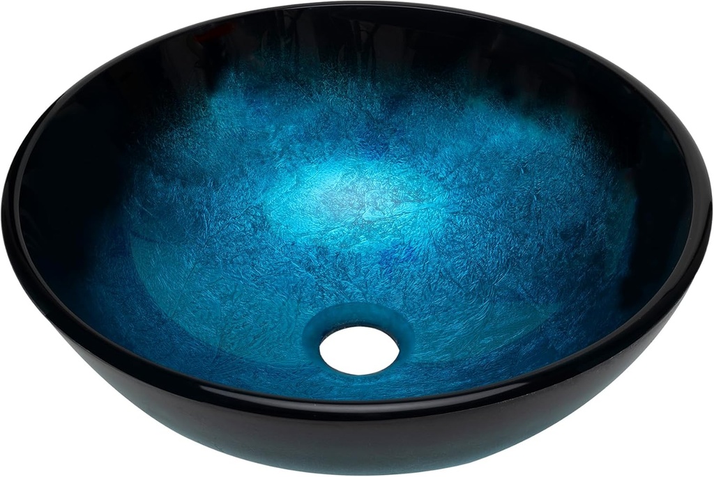 YIMAI Blue Round Vessel Sink, 13.8" Glass Artistic Bathroom Countertop Basin with Gradient Pattern, Tempered Glass Above Counter Sink Bowl, Modern Finish