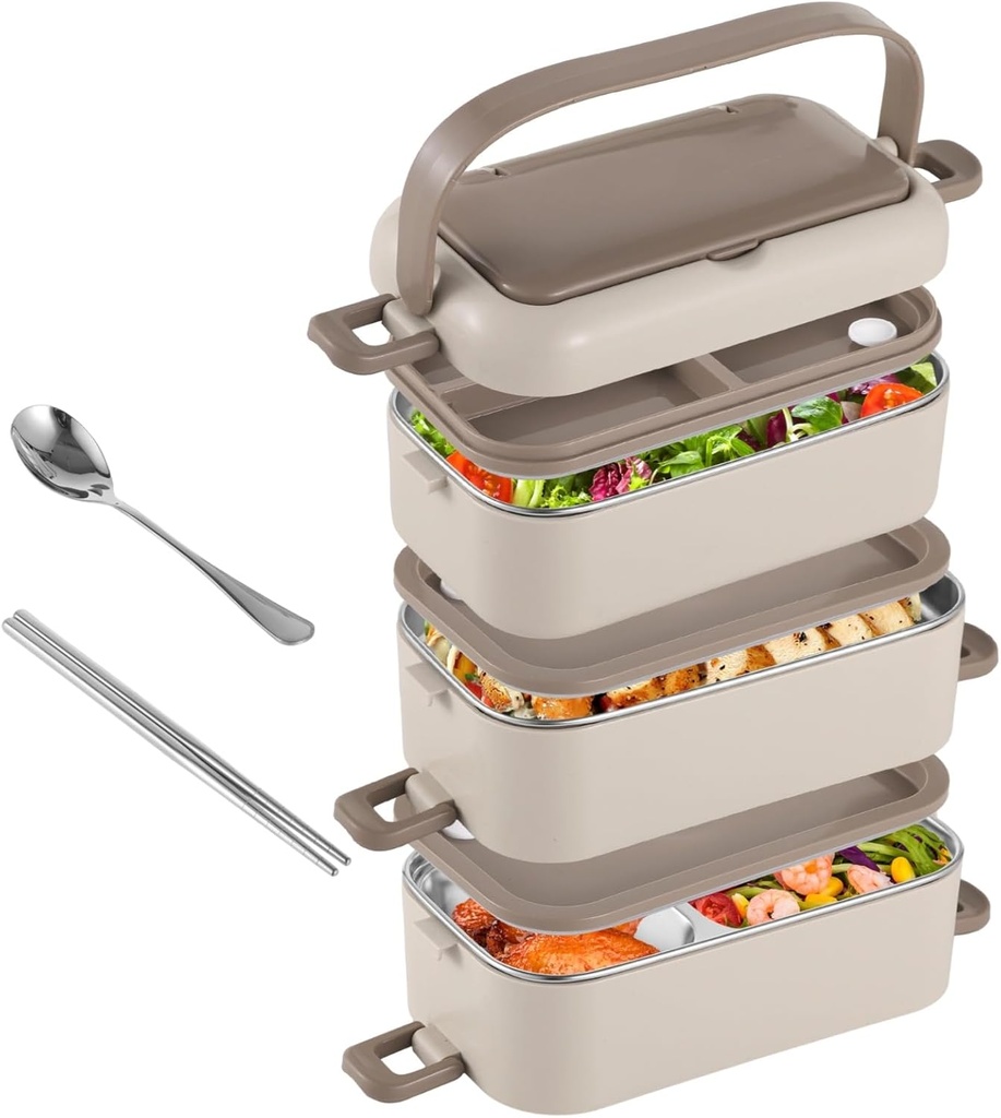 Homaisson 304 Stainless Steel Multi-Layer Lunch Box, 5.4 L Large Capacity 3-Layer Bento Box, Leak-Proof with Utensils and Portable Handle, Microwave Safe Food Container