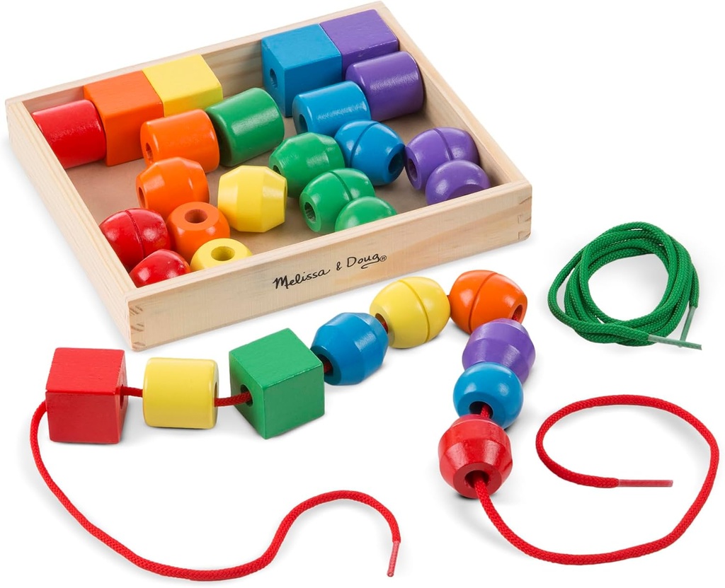 Melissa & Doug Primary Lacing Beads – 30 Wooden Beads for Crafts & 2 Laces in Toy Storage Box, Small Beads for Kids Arts and Crafts Kits, Preschool Learning Toys for Girls & Boys Ages 3+