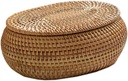 Round Rattan Boxes with Lid,Hand-Woven Multi-Purpose Wicker Tray,Rattan Storage Box,Picnic Food Bread Table Storage Basket